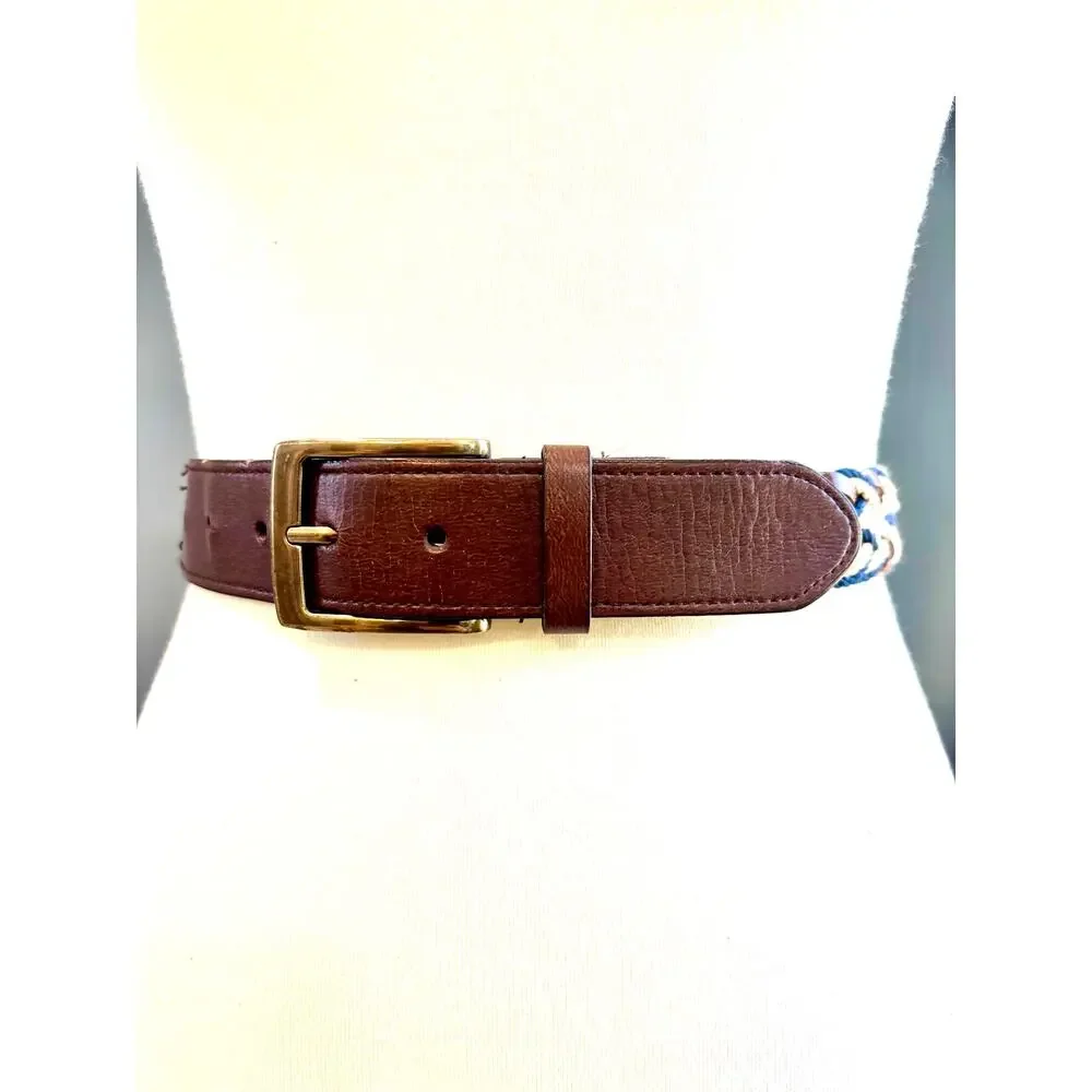 Vintage Boho Brown Leather Belt Gold Brass Buckle Mixed Braided, Men's XL